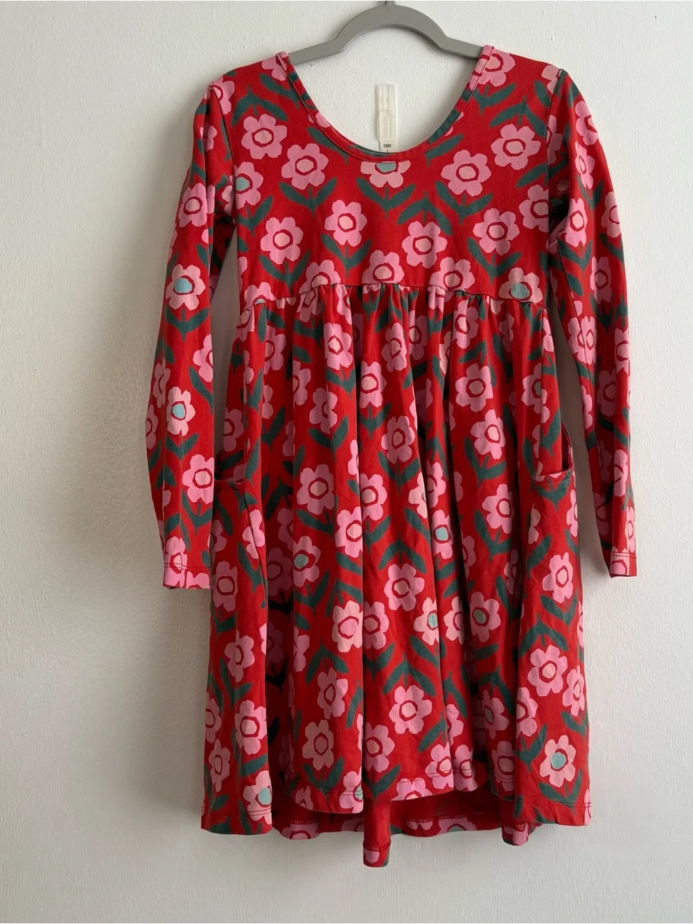 Hanna Andersson Red Floral A-Line Dress Girls 8 Long Sleeve Round Neck Knee